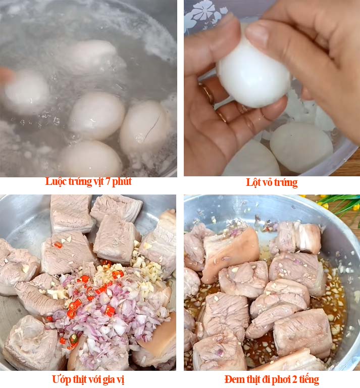 Bước 2: Luộc trứng và ướp thịt