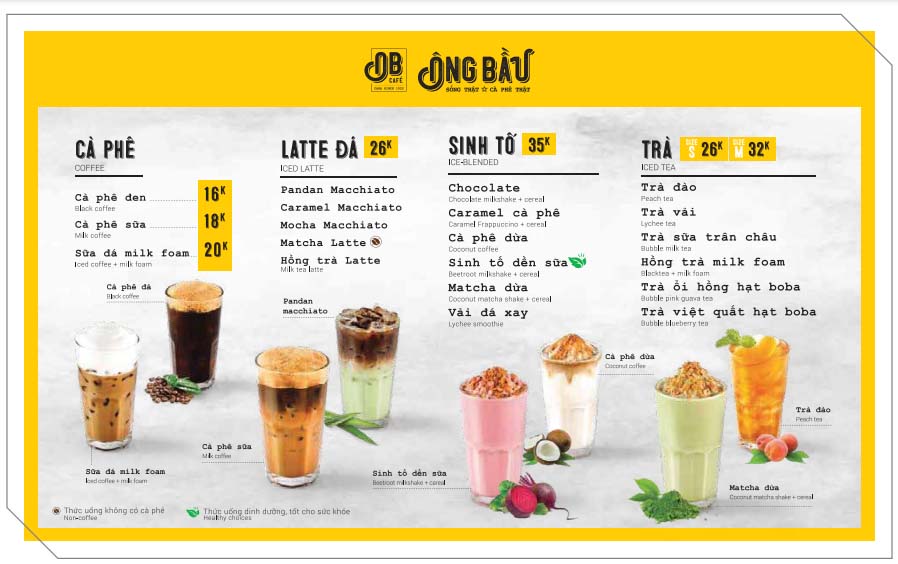 Menu mô hình D của cafe Ông Bầu