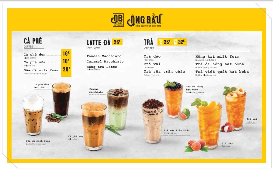 Menu mô hình E của cafe Ông Bầu