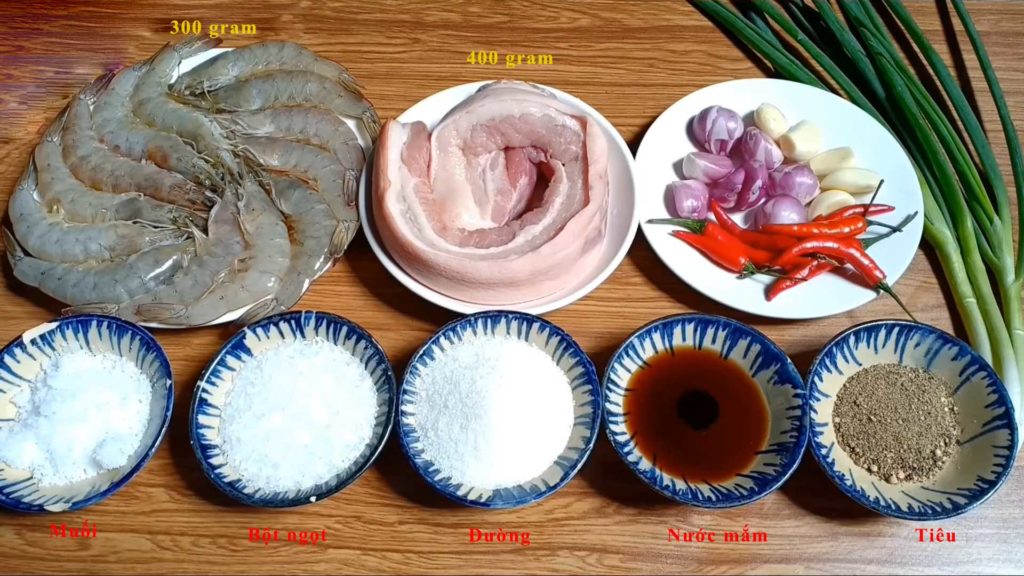 Nguyên liệu nấu món thịt kho tôm mặn ngọt