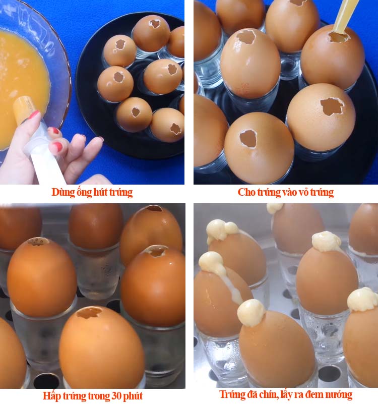 Bơm trứng vào vỏ trứng và hấp trứng