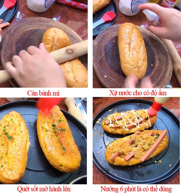 Bước 2: Cán và nướng bánh mì